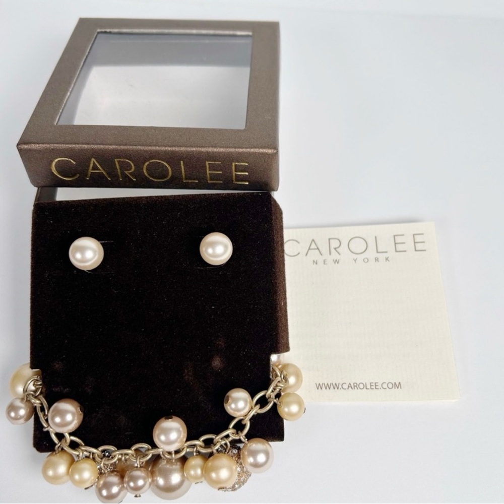 Carolee Bracelet Earring Boxed Set Charm Bracelet Pearls Dangling Pave GlobesNEW - Picture 6 of 9